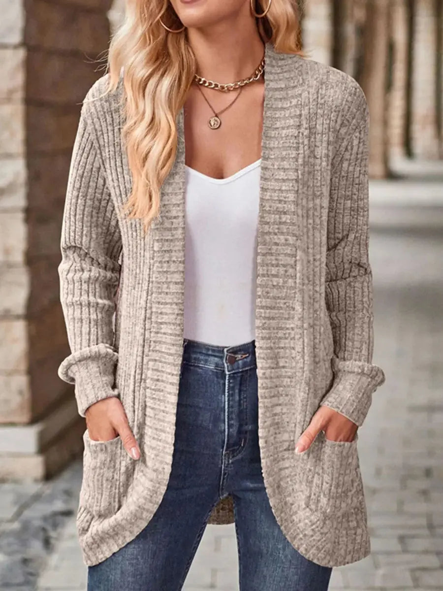 Ribbed Knit Open Front Cardigan with Pockets - Love Salve