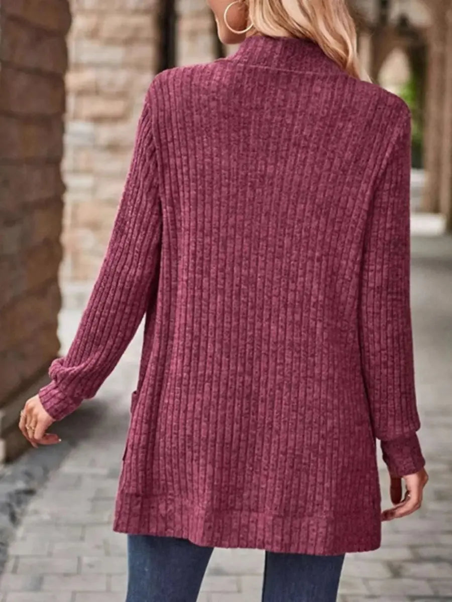 Ribbed Knit Open Front Cardigan with Pockets - Love Salve