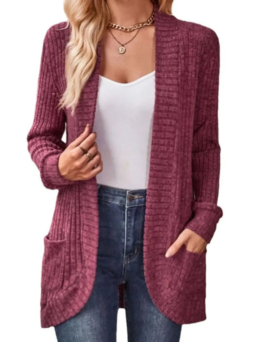 Ribbed Knit Open Front Cardigan with Pockets - Love Salve