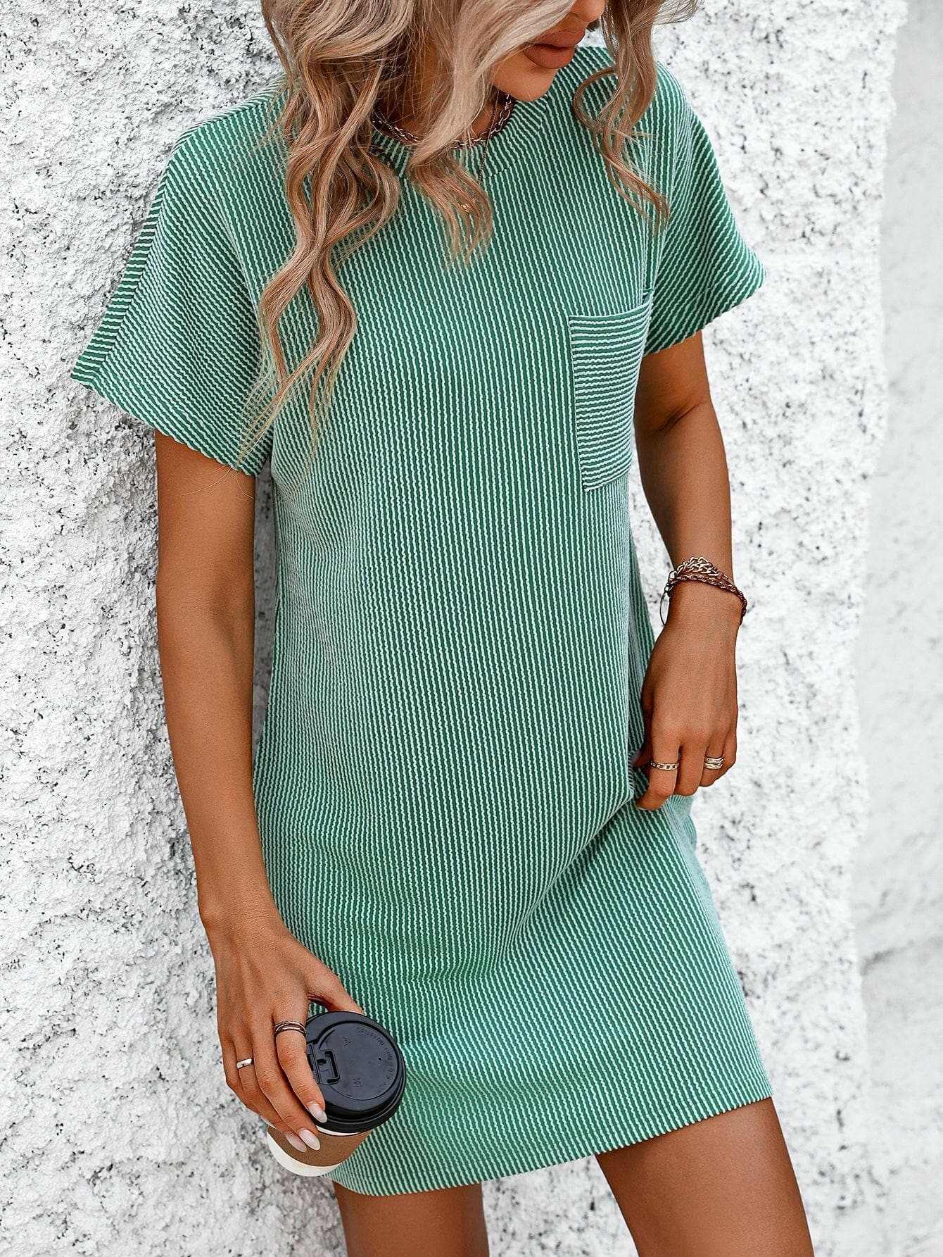 Ribbed Striped Short Sleeve Mini Tee Dress - Love Salve