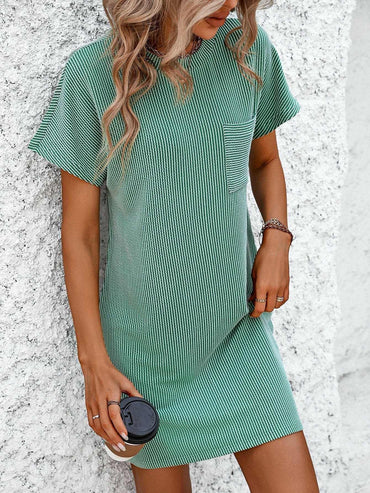 Ribbed Striped Short Sleeve Mini Tee Dress - Love Salve