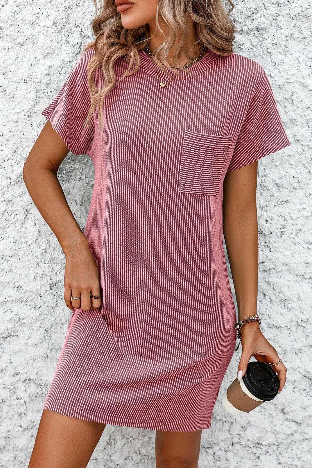 Ribbed Striped Short Sleeve Mini Tee Dress - Love Salve