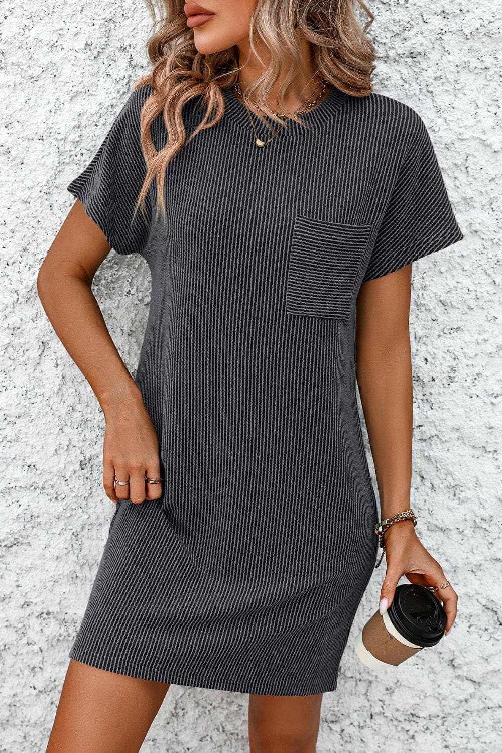 Ribbed Striped Short Sleeve Mini Tee Dress - Love Salve