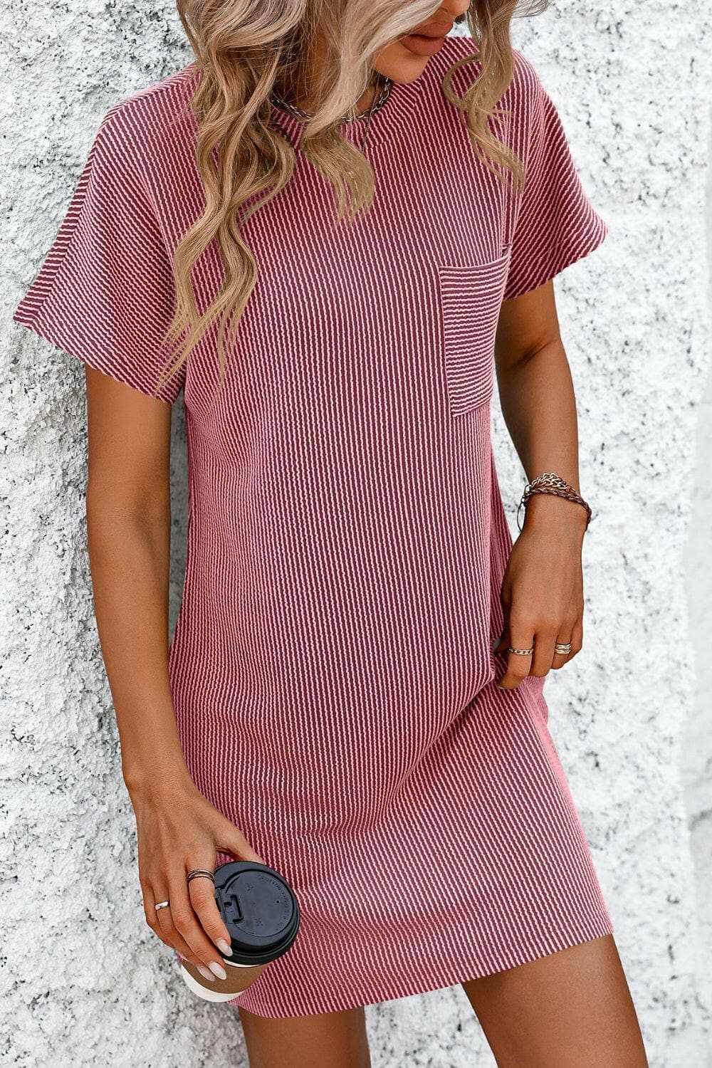 Ribbed Striped Short Sleeve Mini Tee Dress - Love Salve