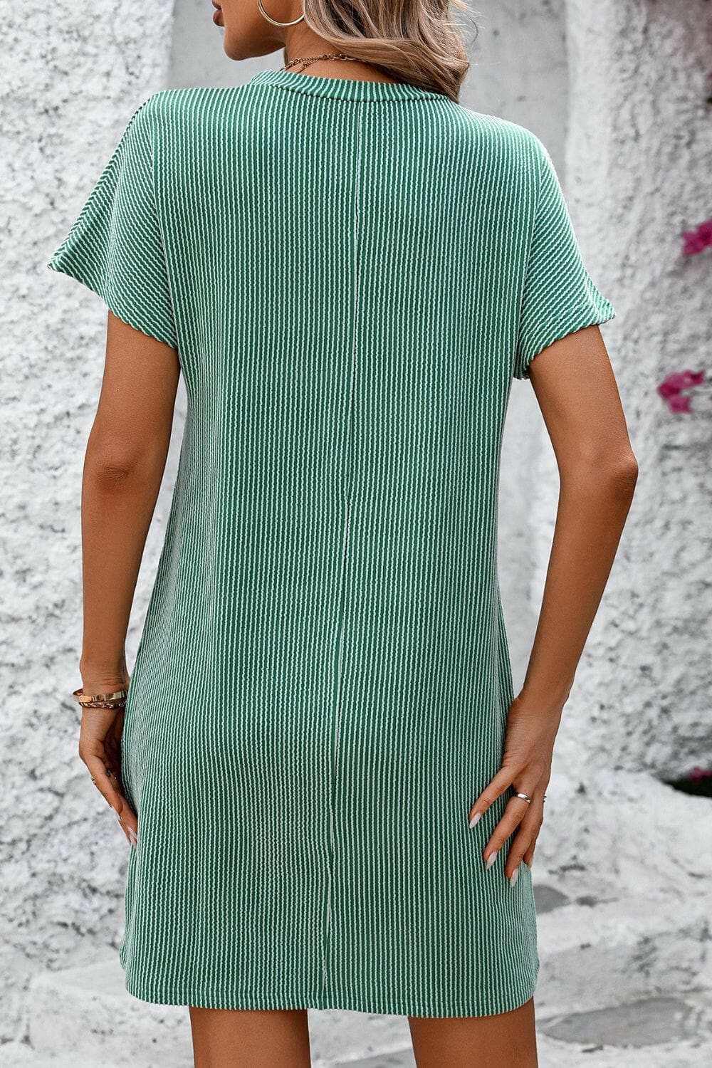 Ribbed Striped Short Sleeve Mini Tee Dress - Love Salve