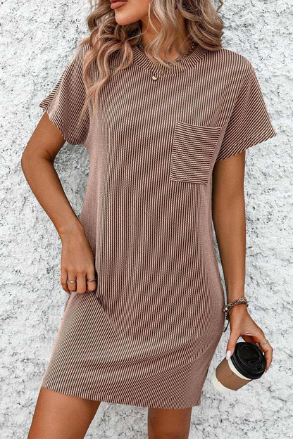 Ribbed Striped Short Sleeve Mini Tee Dress - Love Salve