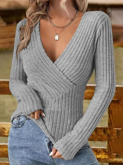 Ribbed Surplice Long Sleeve T-Shirt - Love Salve 