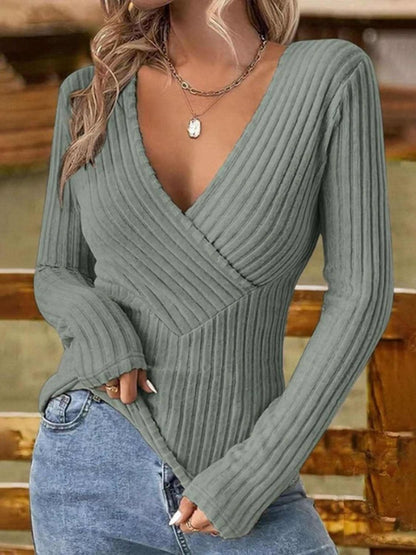 Ribbed Surplice Long Sleeve T-Shirt - Love Salve 