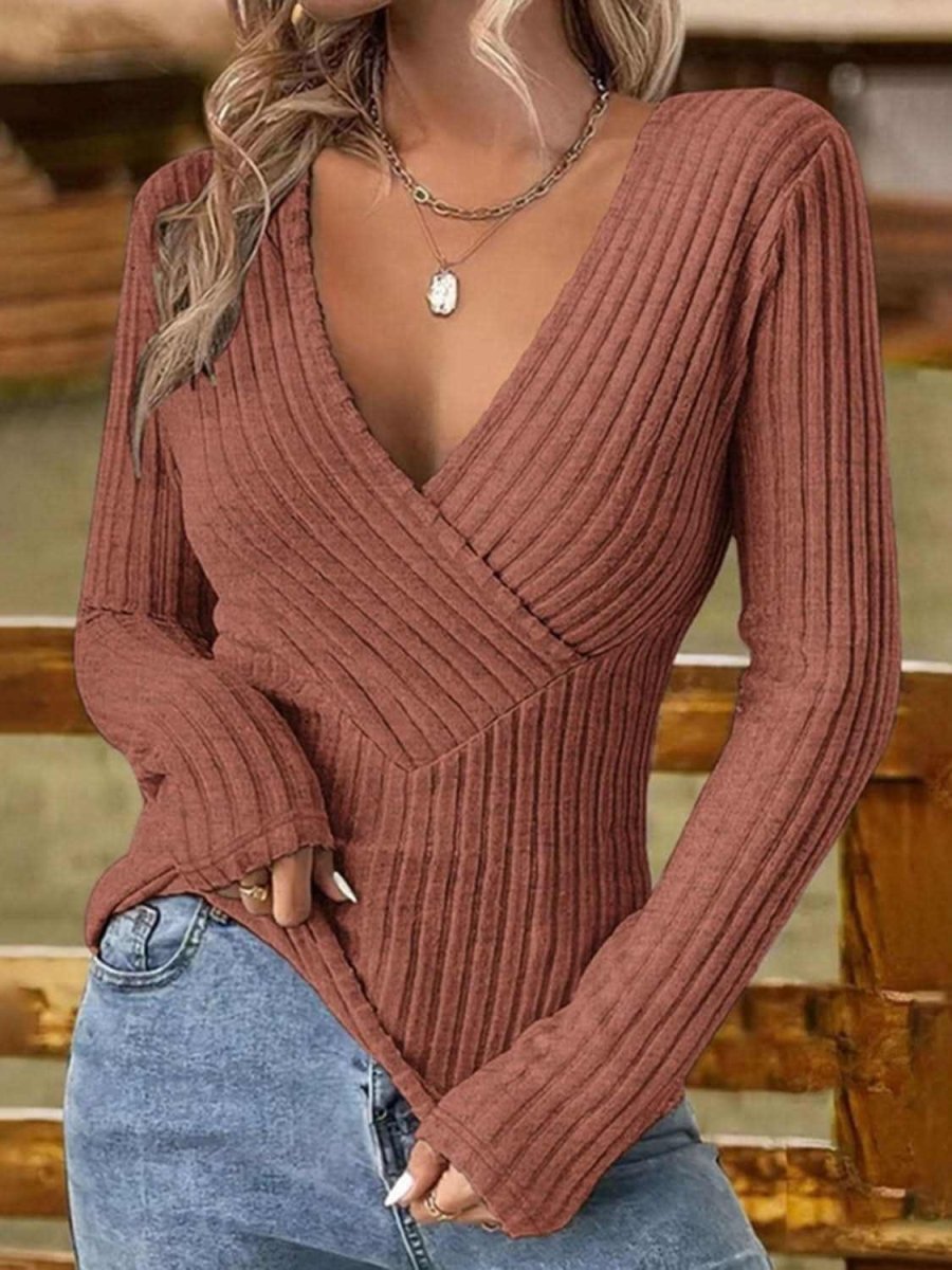 Ribbed Surplice Long Sleeve T-Shirt - Love Salve 