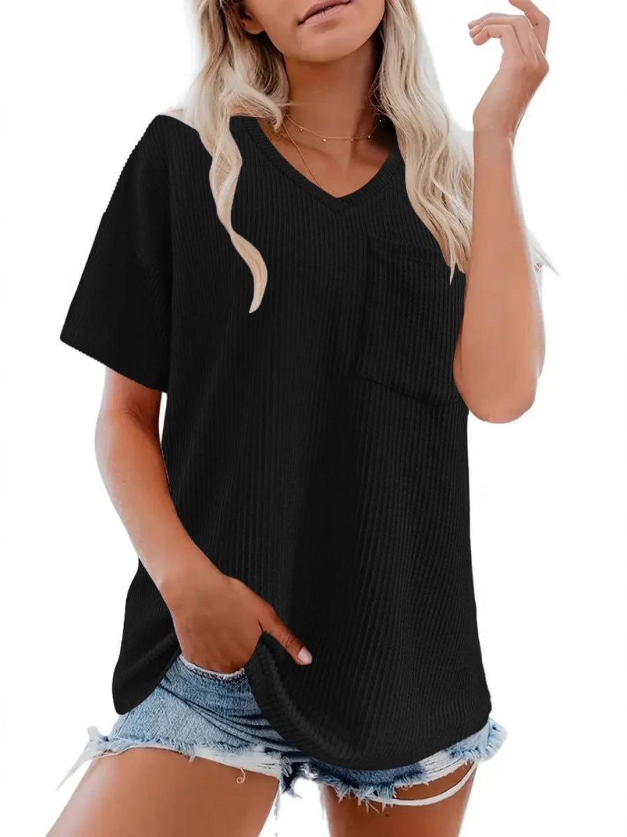 Ribbed V - Neck Oversized T-Shirt - Love Salve