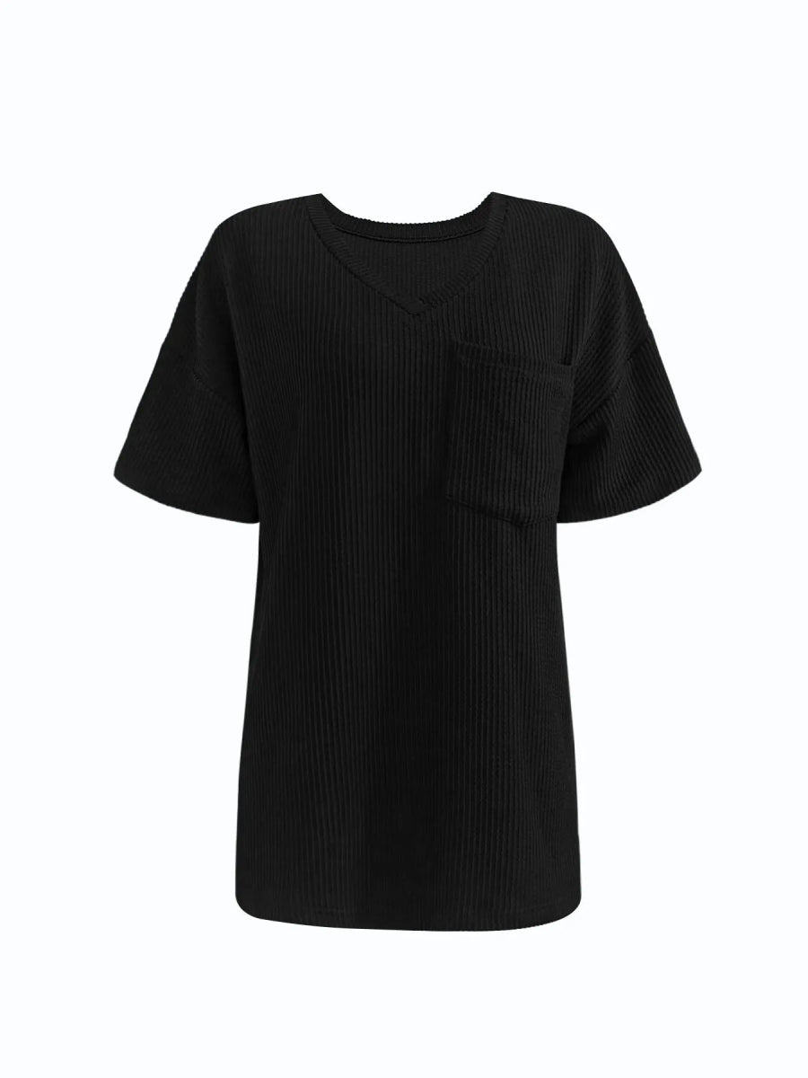 Ribbed V - Neck Oversized T-Shirt - Love Salve