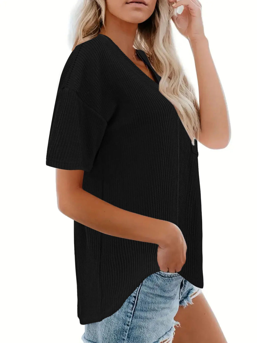 Ribbed V - Neck Oversized T-Shirt - Love Salve