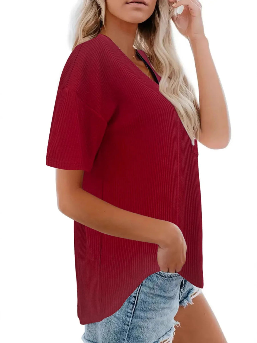 Ribbed V - Neck Oversized T-Shirt - Love Salve