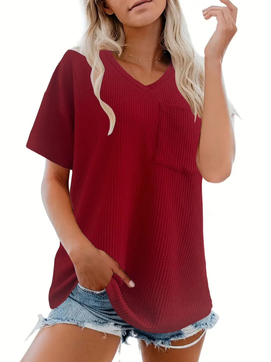 Ribbed V - Neck Oversized T-Shirt - Love Salve