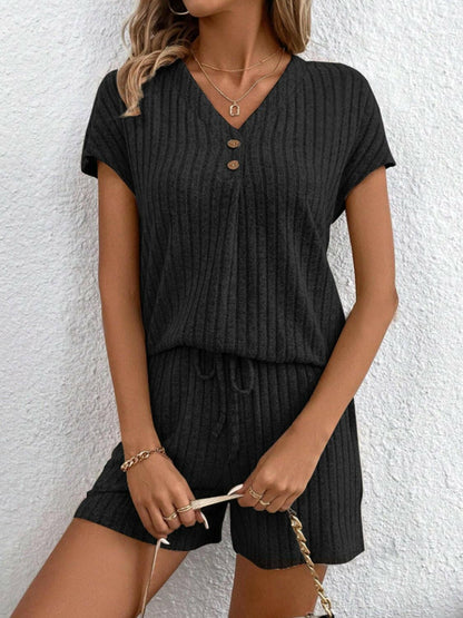 Ribbed V-Neck Top and Shorts EnsembleRibbed V-Neck Top and Shorts Ensemble
 Upgrade your casual wardrobe with our Ribbed V-Neck Top and Shorts Ensemble, a perfect blend of style and comfort for various Love Salve -Neck Topjust arrived