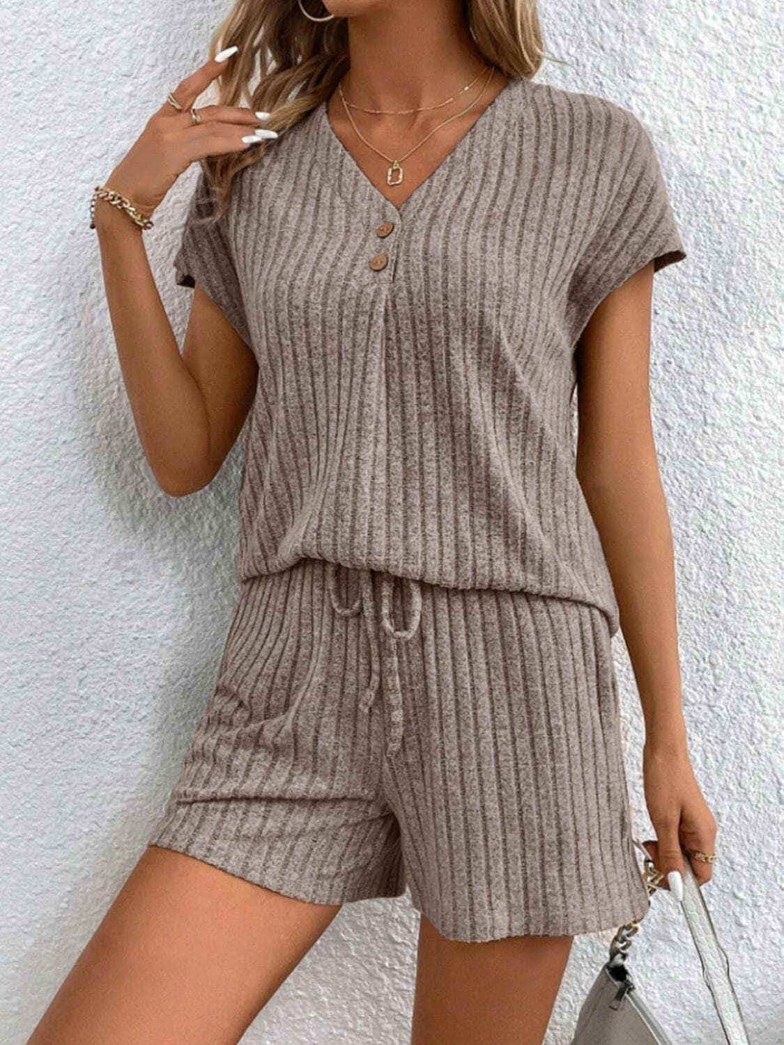 Ribbed V-Neck Top and Shorts EnsembleRibbed V-Neck Top and Shorts Ensemble
 Upgrade your casual wardrobe with our Ribbed V-Neck Top and Shorts Ensemble, a perfect blend of style and comfort for various Love Salve -Neck Topjust arrived