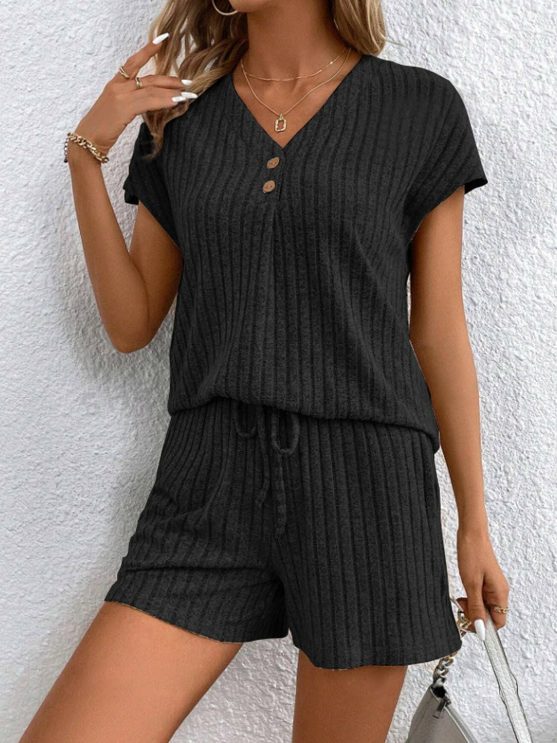 Ribbed V-Neck Top and Shorts EnsembleRibbed V-Neck Top and Shorts Ensemble
 Upgrade your casual wardrobe with our Ribbed V-Neck Top and Shorts Ensemble, a perfect blend of style and comfort for various Love Salve -Neck Topjust arrived