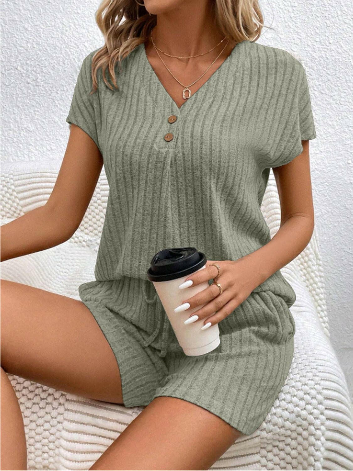 Ribbed V-Neck Top and Shorts EnsembleRibbed V-Neck Top and Shorts Ensemble
 Upgrade your casual wardrobe with our Ribbed V-Neck Top and Shorts Ensemble, a perfect blend of style and comfort for various Love Salve -Neck Topjust arrived