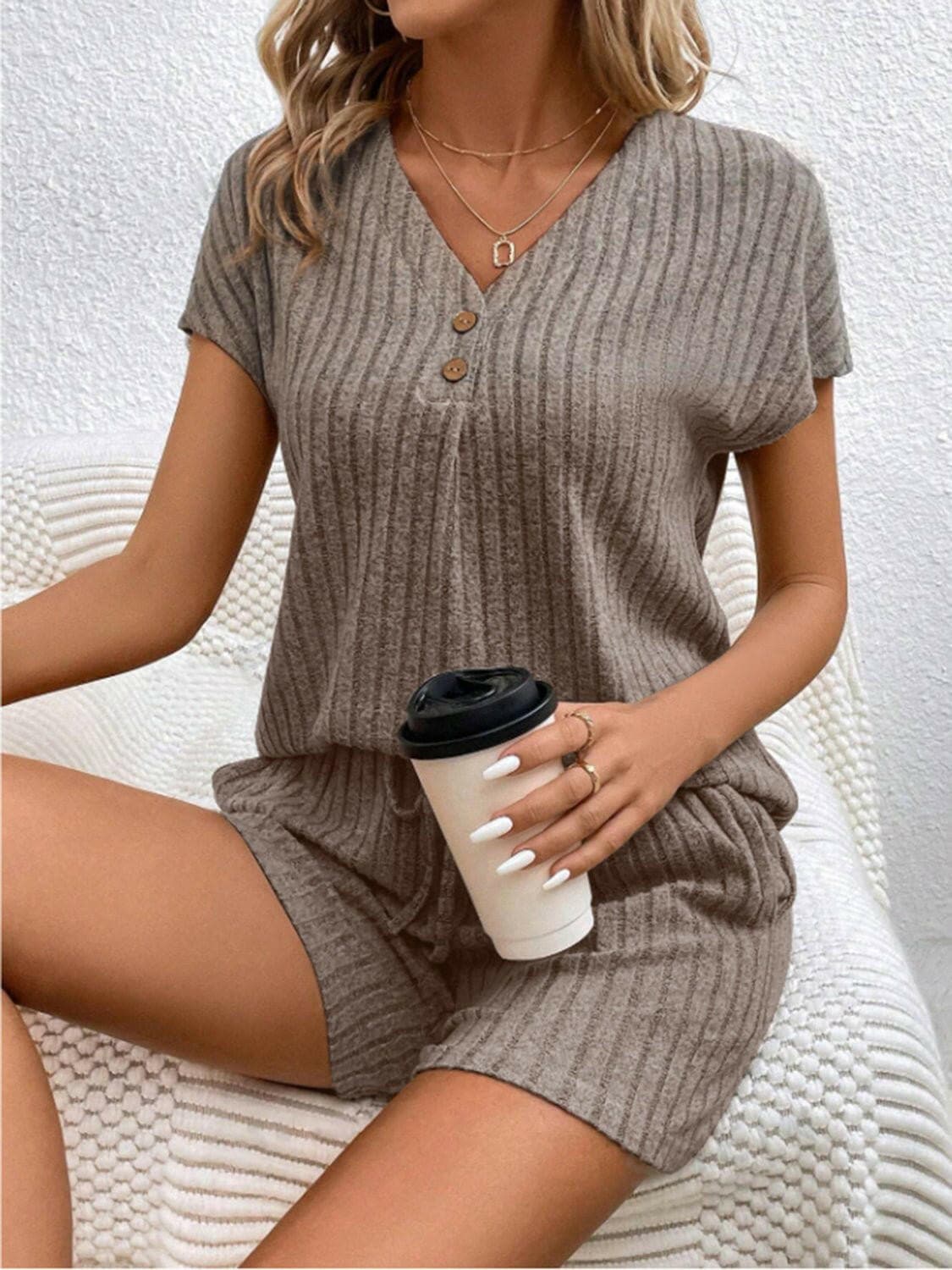 Ribbed V-Neck Top and Shorts EnsembleRibbed V-Neck Top and Shorts Ensemble
 Upgrade your casual wardrobe with our Ribbed V-Neck Top and Shorts Ensemble, a perfect blend of style and comfort for various Love Salve -Neck Topjust arrived