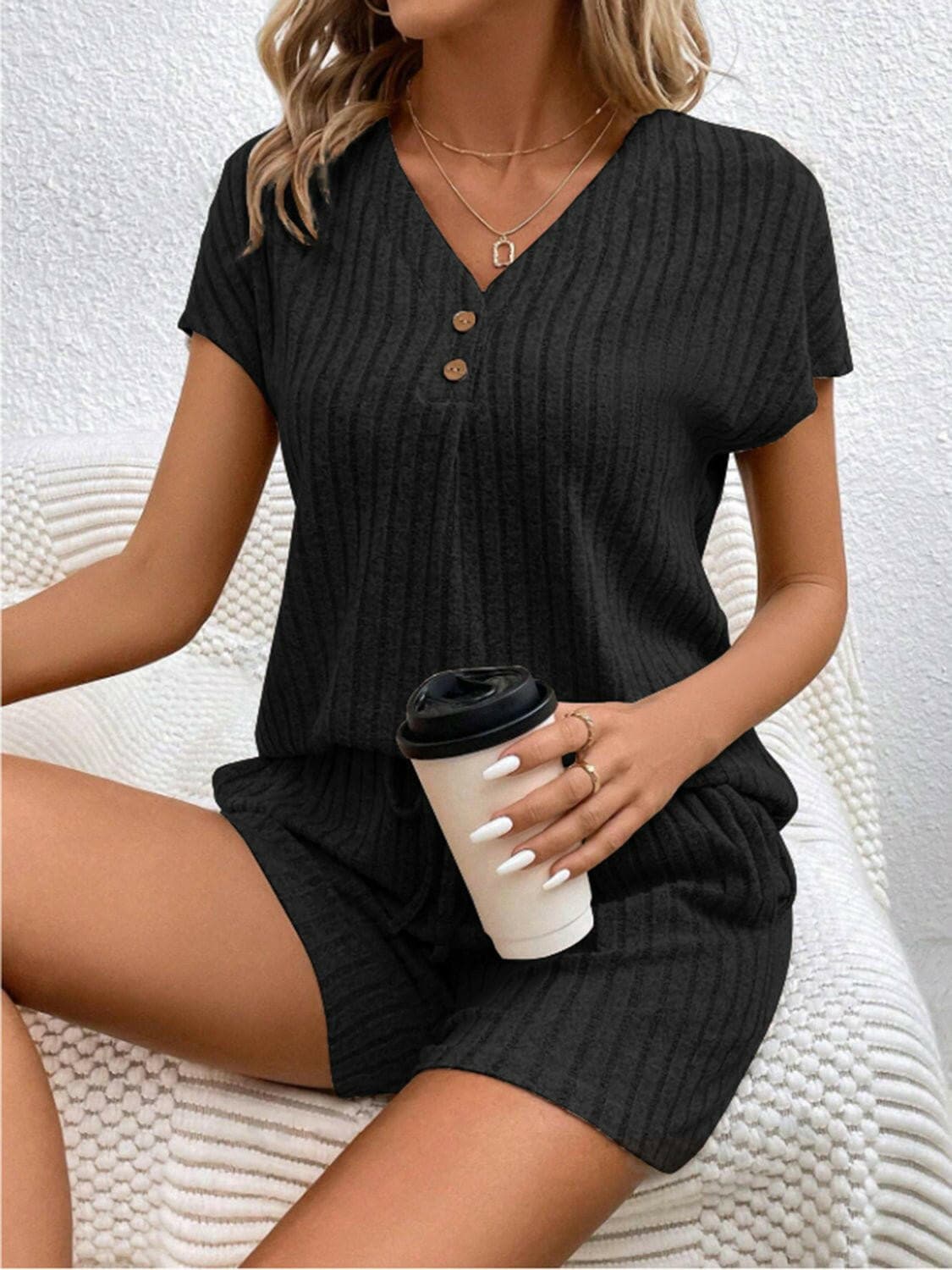 Ribbed V-Neck Top and Shorts EnsembleRibbed V-Neck Top and Shorts Ensemble
 Upgrade your casual wardrobe with our Ribbed V-Neck Top and Shorts Ensemble, a perfect blend of style and comfort for various Love Salve -Neck Topjust arrived