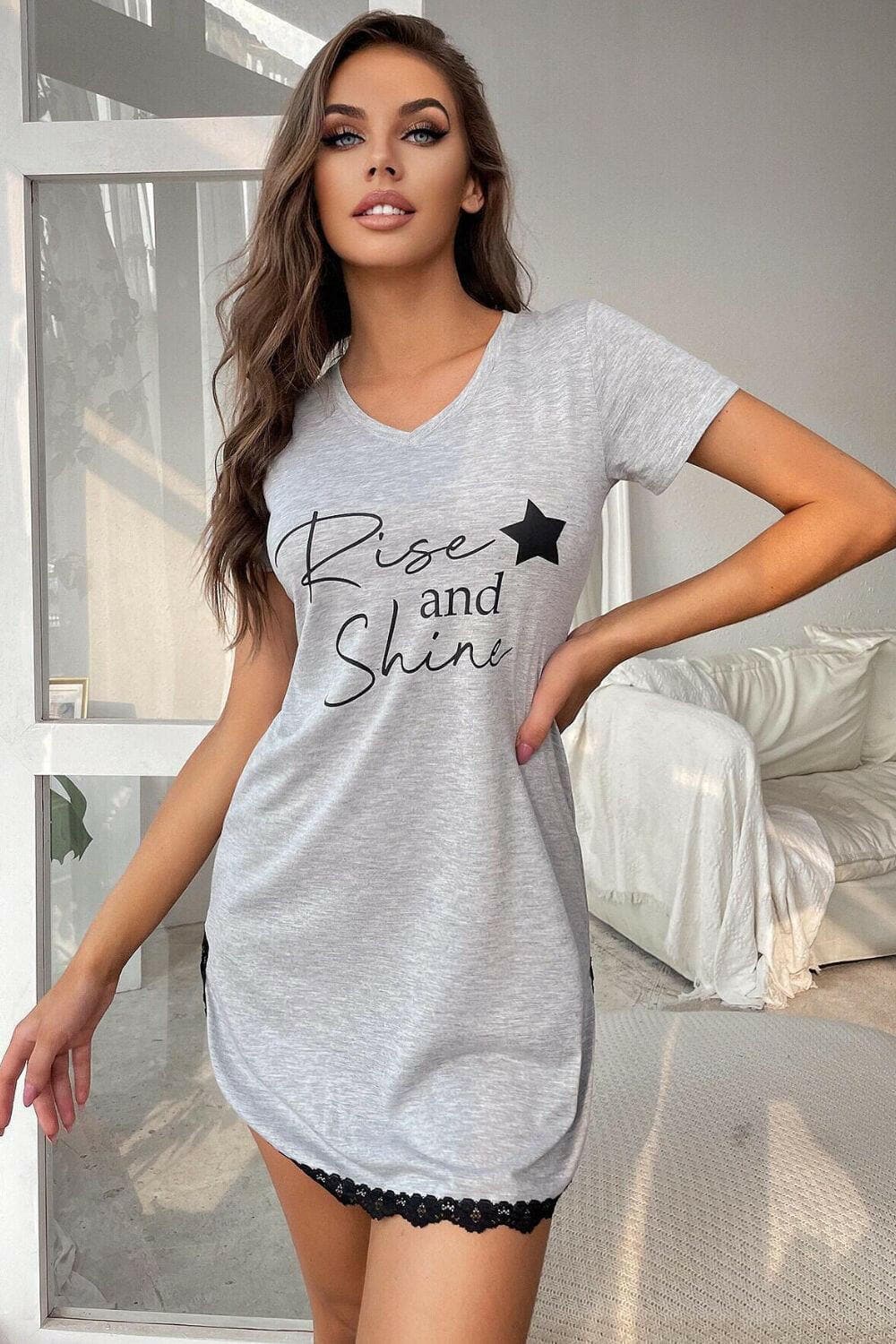 RISE AND SHINE Contrast Lace V-Neck T-Shirt Dress - Love Salve