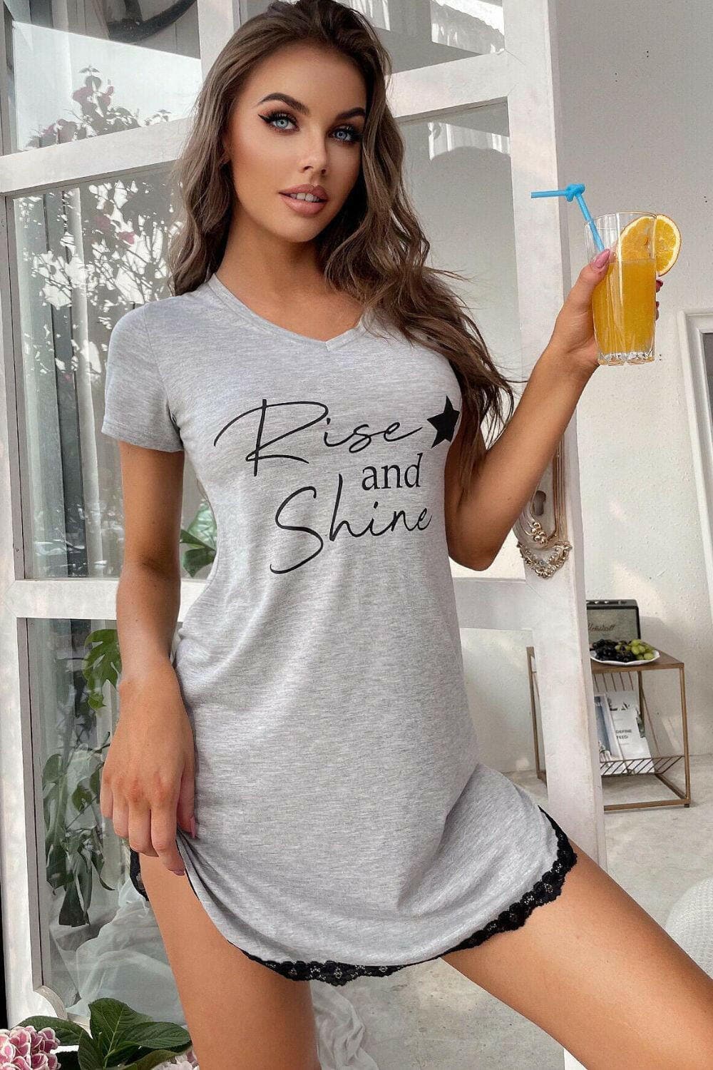 RISE AND SHINE Contrast Lace V-Neck T-Shirt Dress - Love Salve