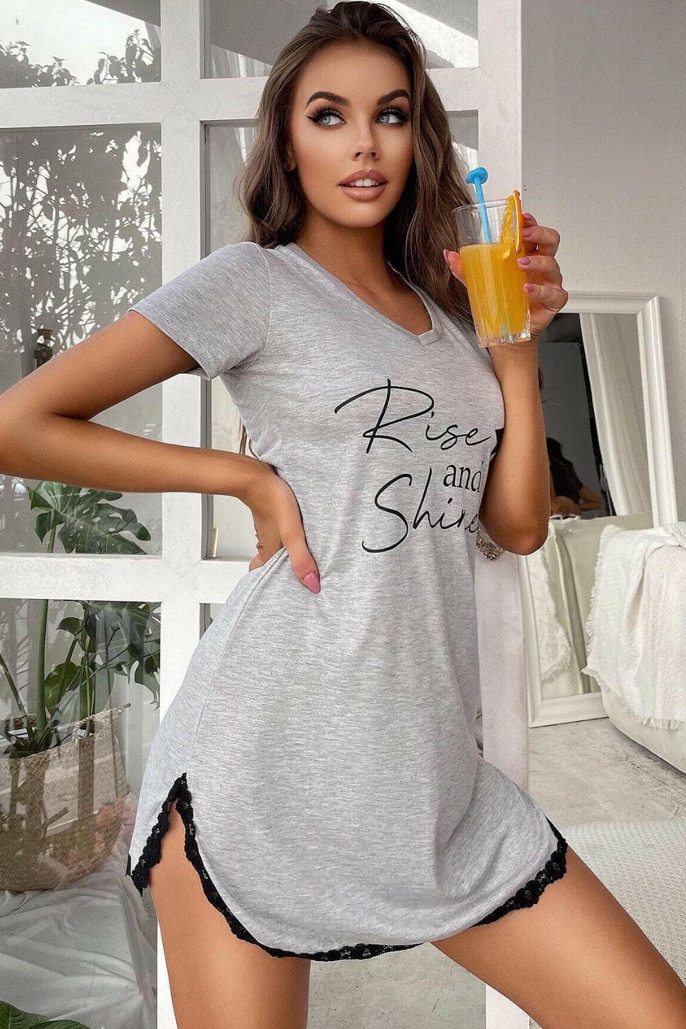 RISE AND SHINE Contrast Lace V-Neck T-Shirt Dress - Love Salve