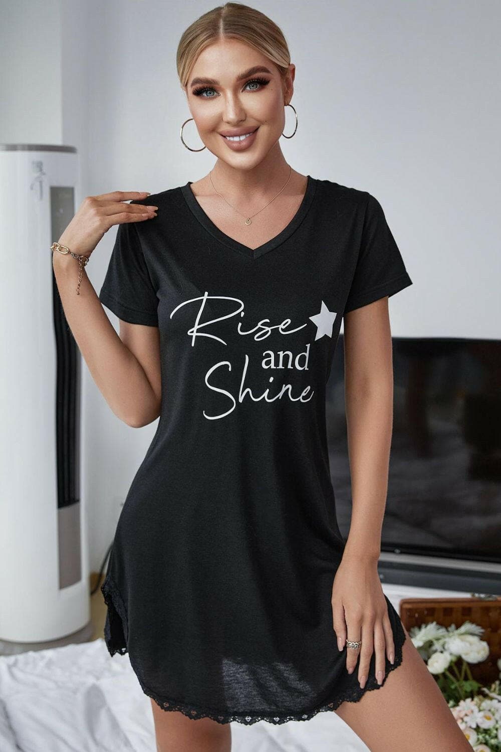 RISE AND SHINE Contrast Lace V-Neck T-Shirt Dress - Love Salve