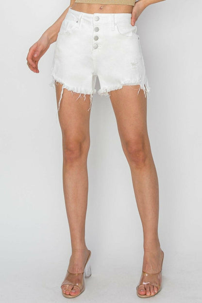 RISEN Button Fly Frayed Hem Denim Shorts - Love Salve