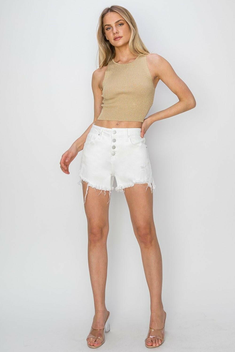 RISEN Button Fly Frayed Hem Denim Shorts - Love Salve