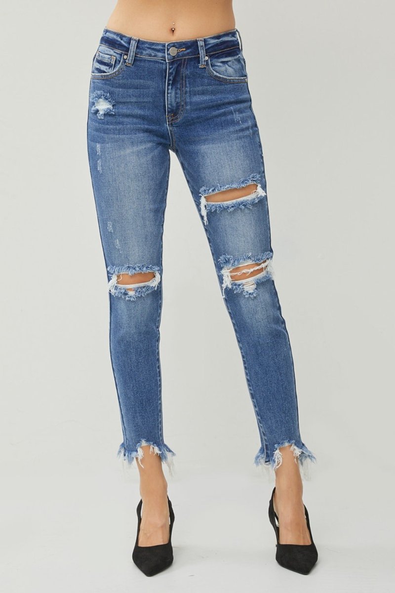 RISEN Distressed Frayed Hem Slim Jeans for Trendy Style - Love Salve 