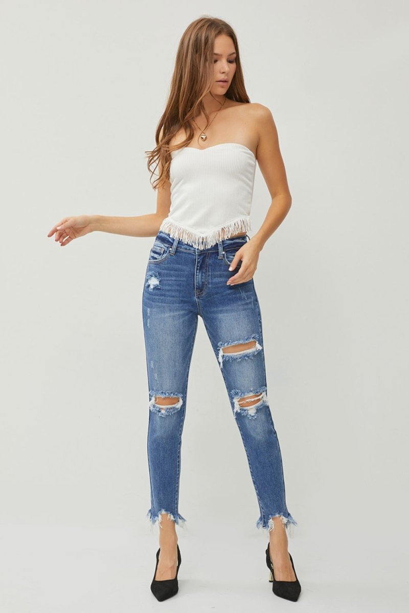RISEN Distressed Frayed Hem Slim Jeans for Trendy Style - Love Salve 