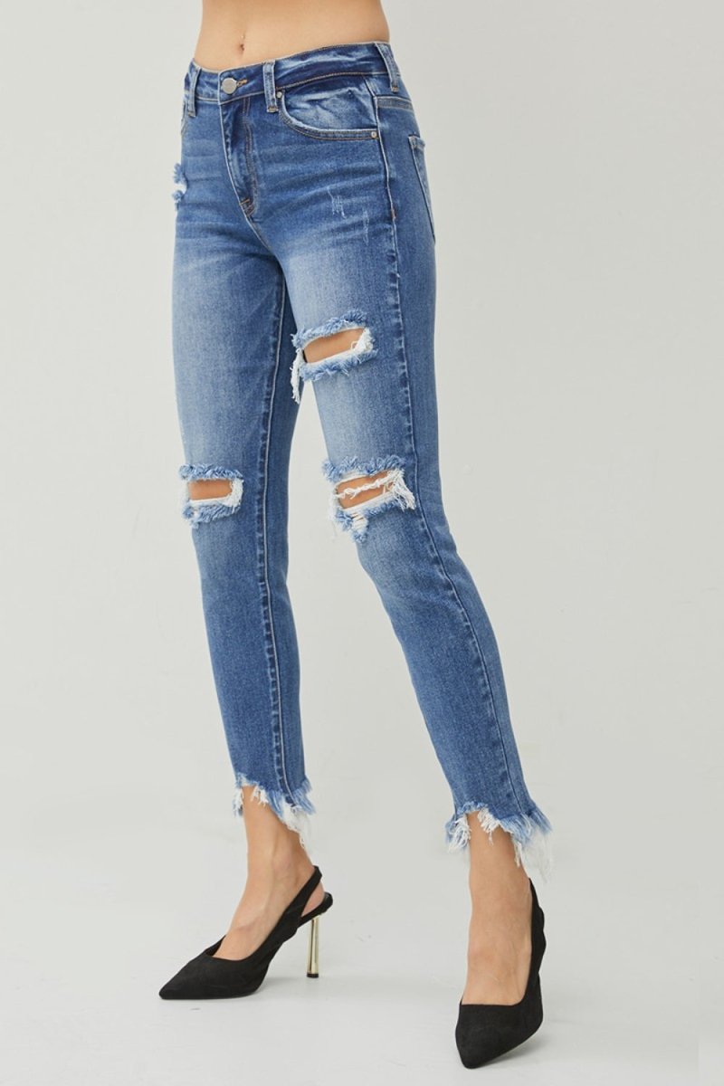 RISEN Distressed Frayed Hem Slim Jeans for Trendy Style - Love Salve 