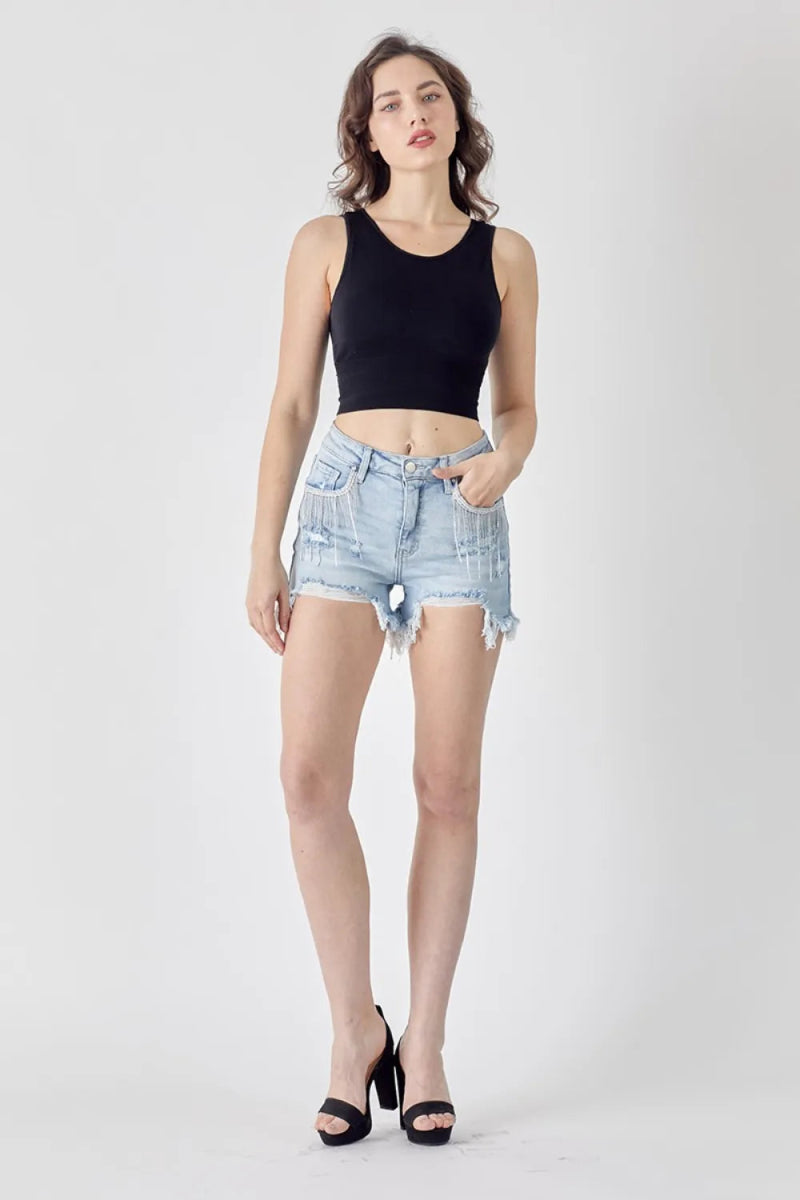 RISEN Frayed Hem Denim Shorts with Fringe Detail Pockets - Love Salve 