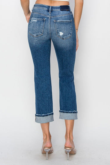 RISEN Full Size Cuffed Ankle Distressed Straight Jeans - Love Salve 