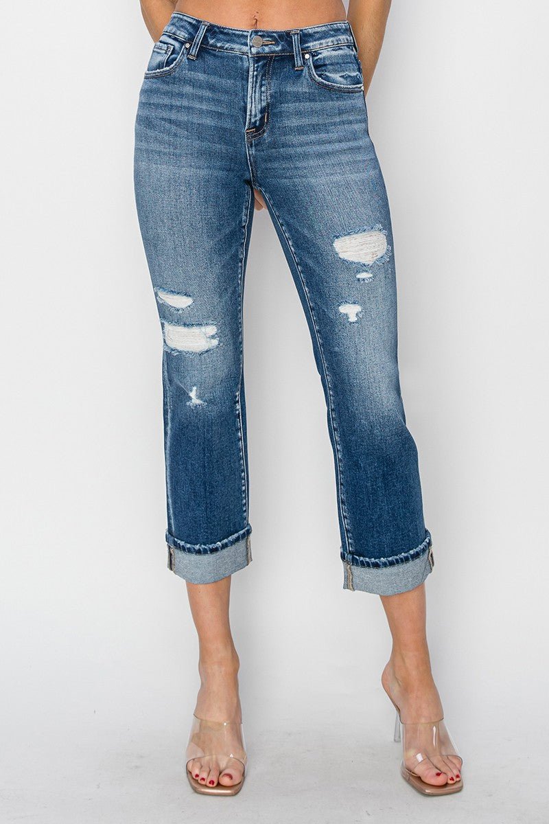 RISEN Full Size Cuffed Ankle Distressed Straight Jeans - Love Salve 