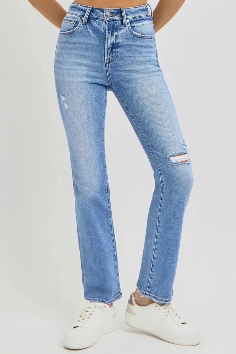 RISEN Full Size Distressed High-Rise Ankle Straight Jeans - Love Salve 