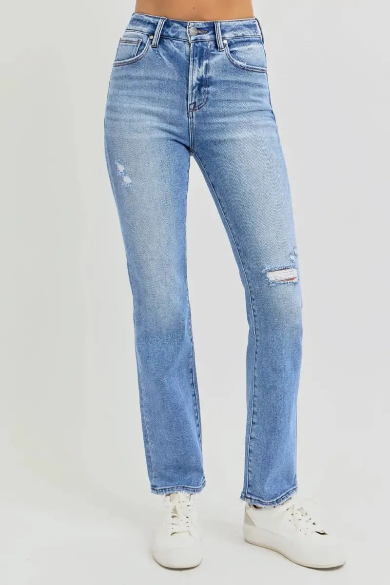 RISEN Full Size Distressed High-Rise Ankle Straight Jeans - Love Salve 