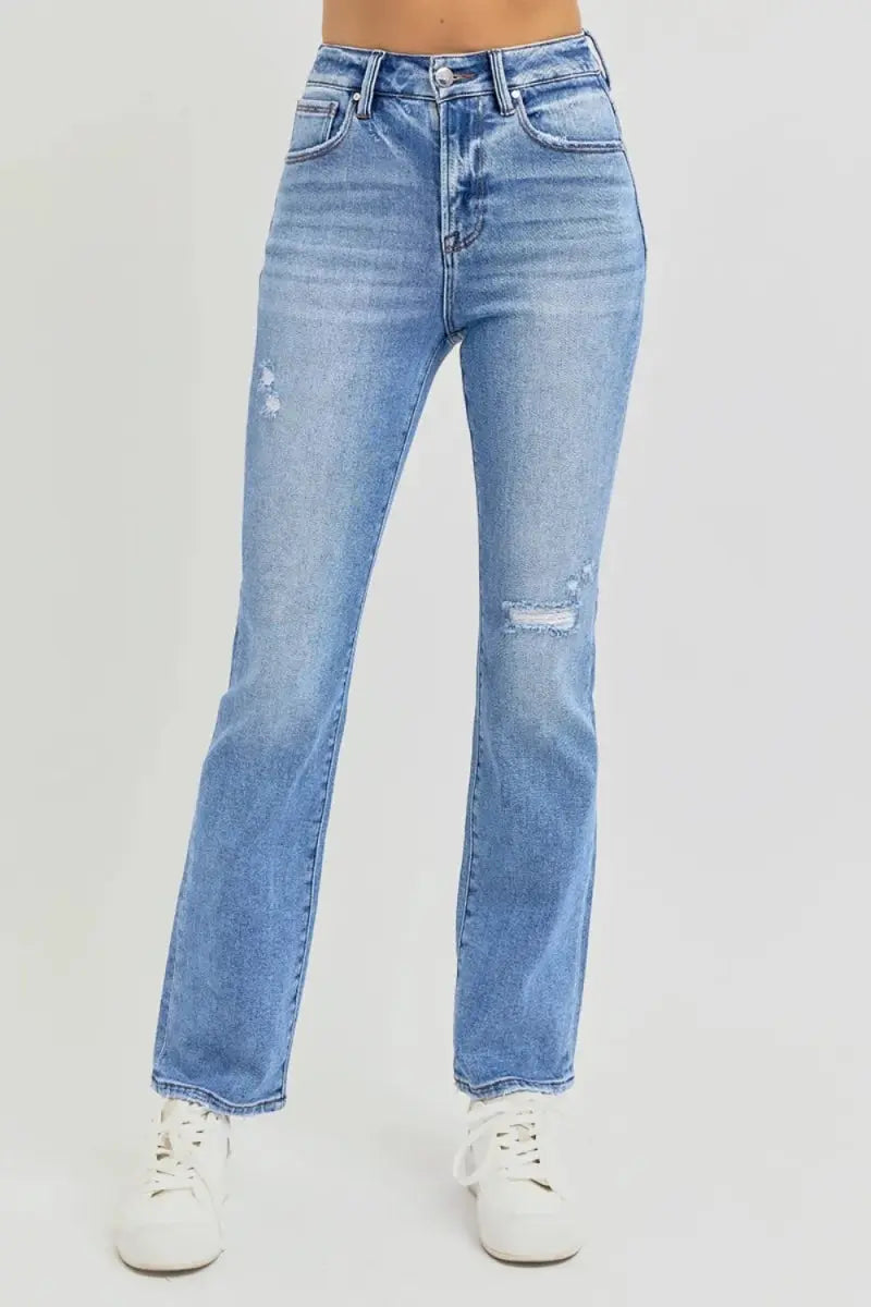 RISEN Full Size Distressed High-Rise Ankle Straight Jeans - Love Salve 