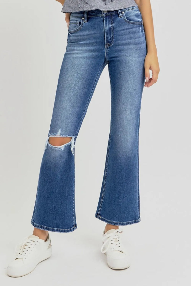 RISEN Full Size Distressed High Rise Crop Flare Jeans - Love Salve 