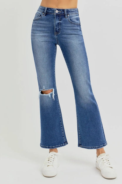 RISEN Full Size Distressed High Rise Crop Flare Jeans - Love Salve 
