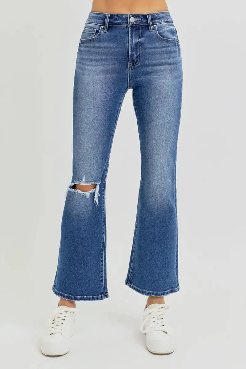 RISEN Full Size Distressed High Rise Crop Flare Jeans - Love Salve 