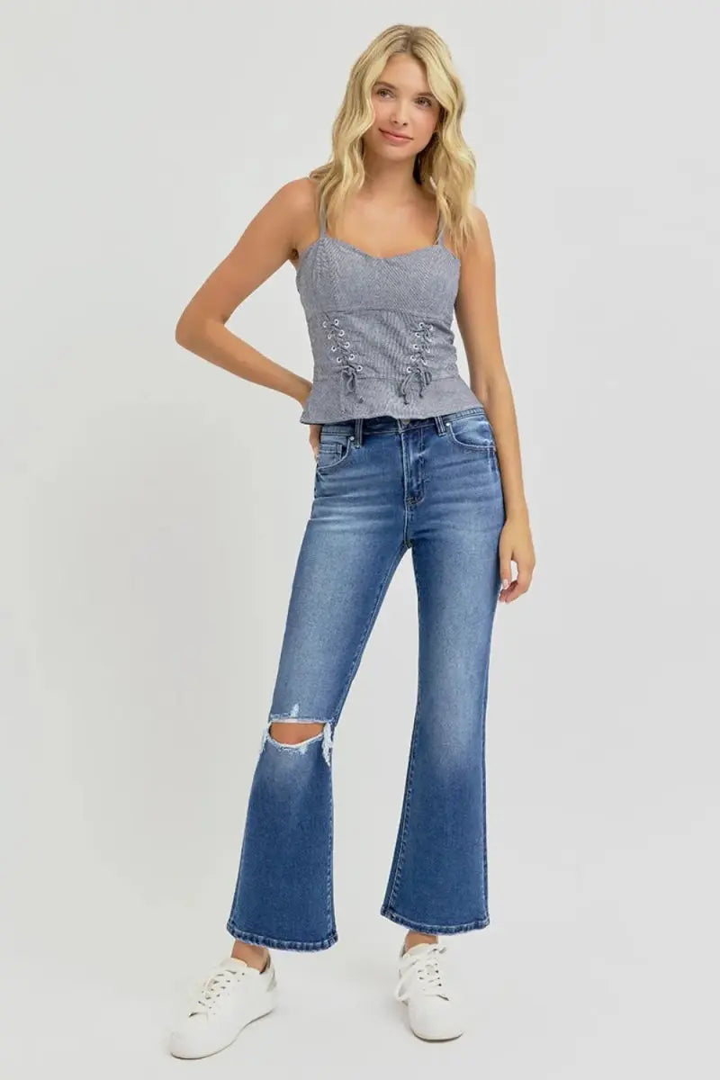 RISEN Full Size Distressed High Rise Crop Flare Jeans - Love Salve 