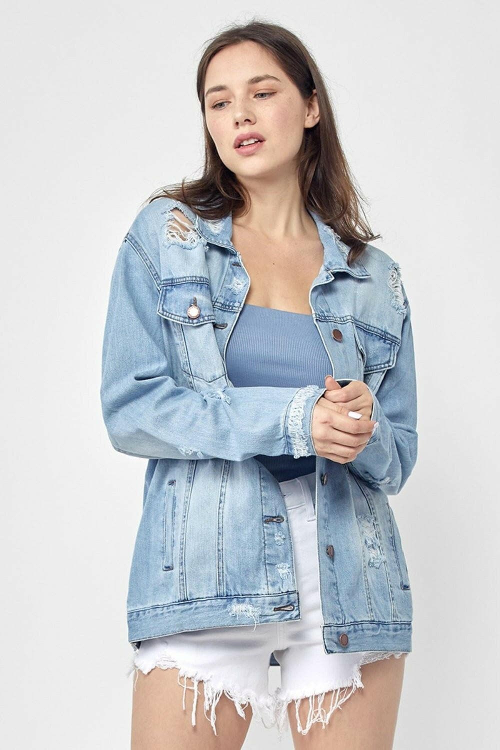 RISEN Full Size Distressed Long Sleeve Denim Jacket - Love Salve