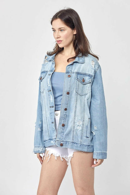 RISEN Full Size Distressed Long Sleeve Denim Jacket - Love Salve