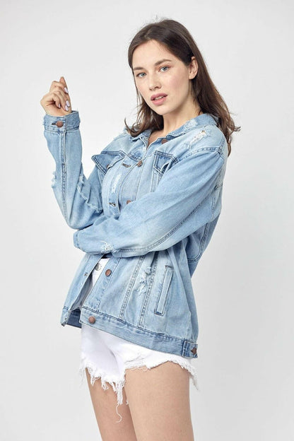 RISEN Full Size Distressed Long Sleeve Denim Jacket - Love Salve