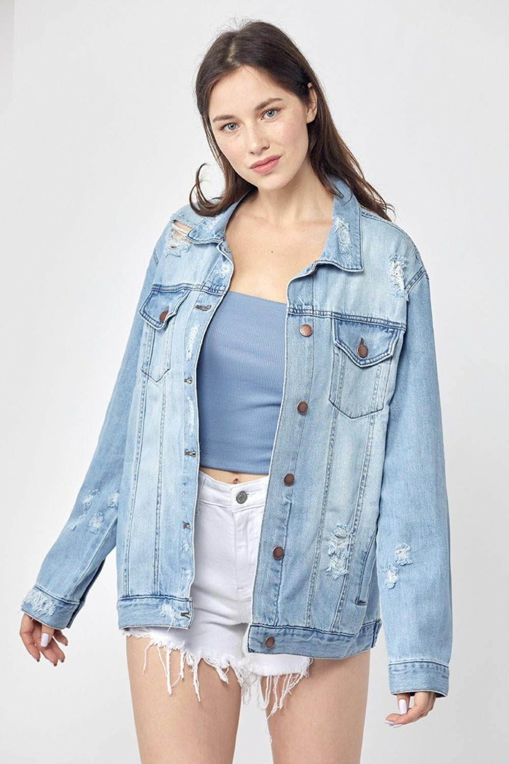 RISEN Full Size Distressed Long Sleeve Denim Jacket - Love Salve