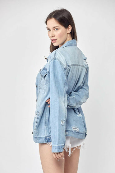 RISEN Full Size Distressed Long Sleeve Denim Jacket - Love Salve