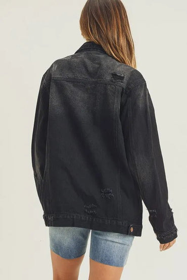 RISEN Full Size Distressed Long Sleeve Denim Jacket for Women - Love Salve 