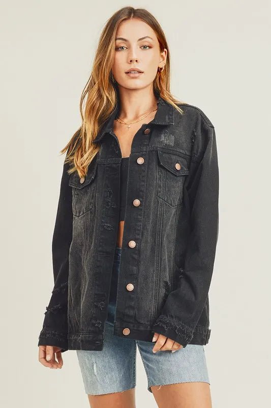 RISEN Full Size Distressed Long Sleeve Denim Jacket for Women - Love Salve 